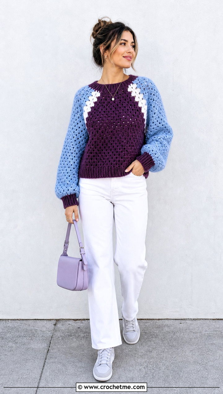 Color Block Granny Raglan Sweater With White Jeans - 20 Crochet Granny Raglan Sweater outfit ideas