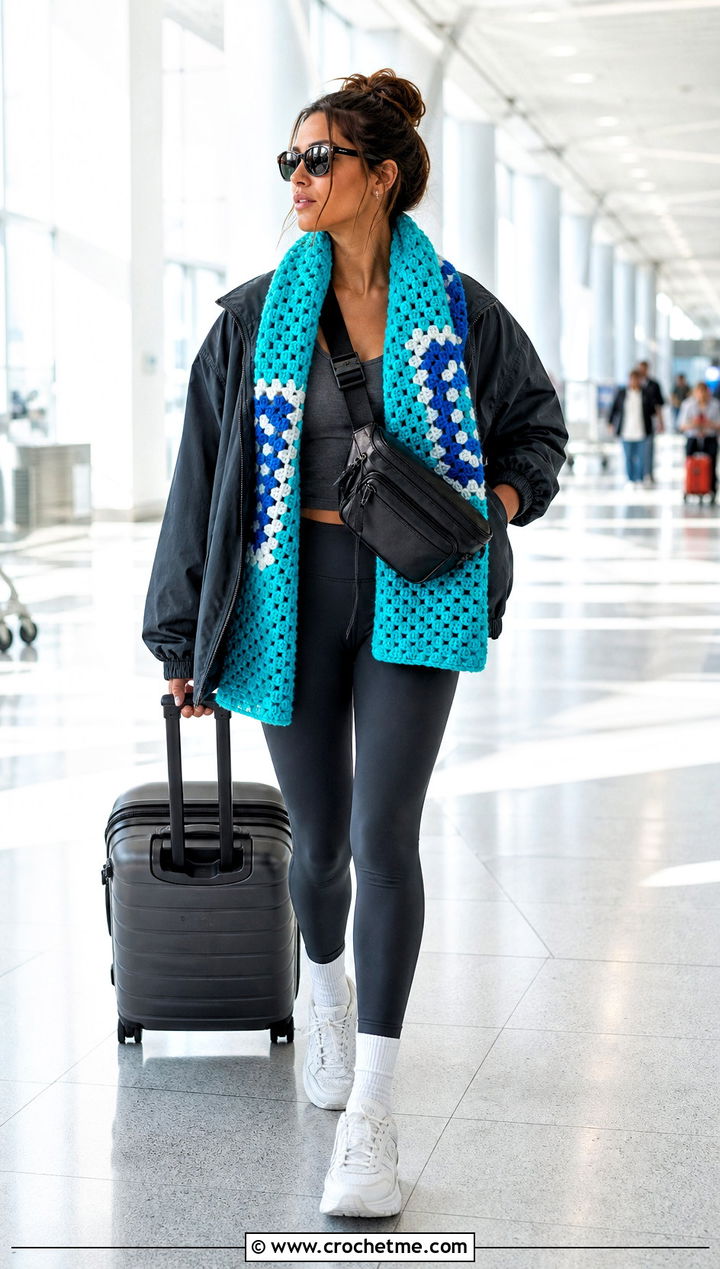 Color Block Granny Scarf With Athleisure Outfit - 35 granny crochet scarf outfit ideas
