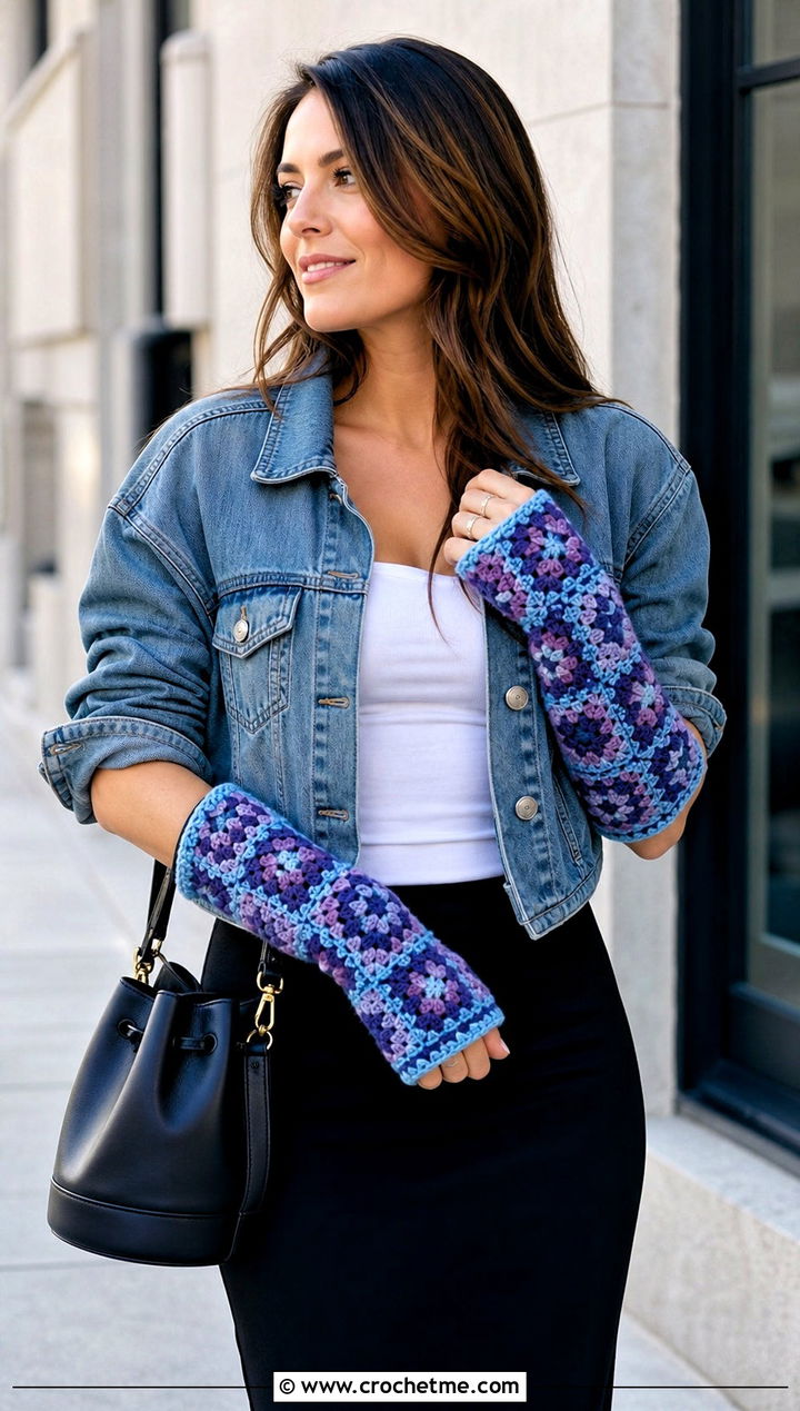 Color Block Granny Square Arm Warmers With Denim Jacket And Column Skirt - 25 Granny Square Arm Warmers outfit ideas