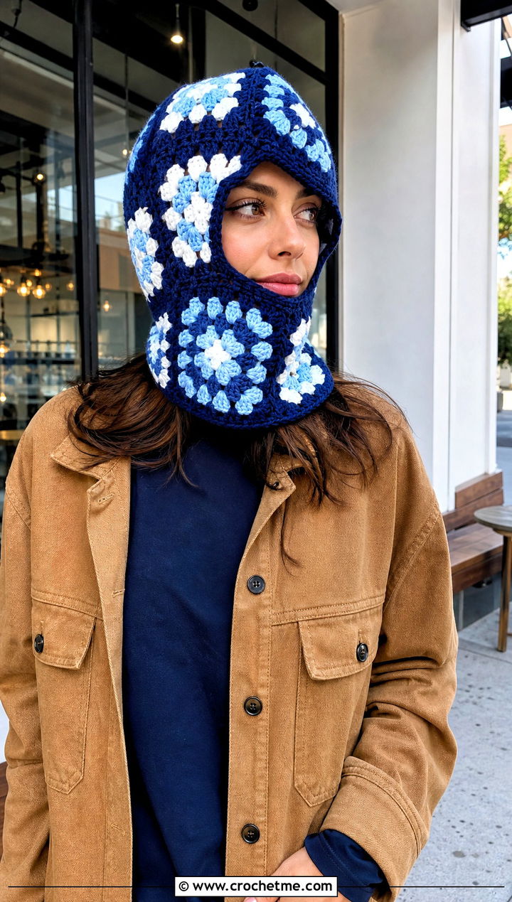 Color Block Granny Square Balaclava With Shacket - 30 crochet granny square balaclava outfit ideas