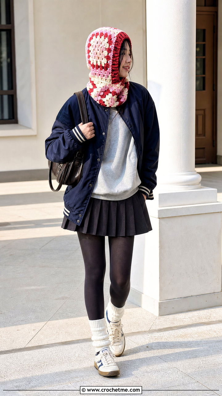 Color Block Granny Square Balaclava With Varsity Jacket - 35 granny square balaclava outfit ideas
