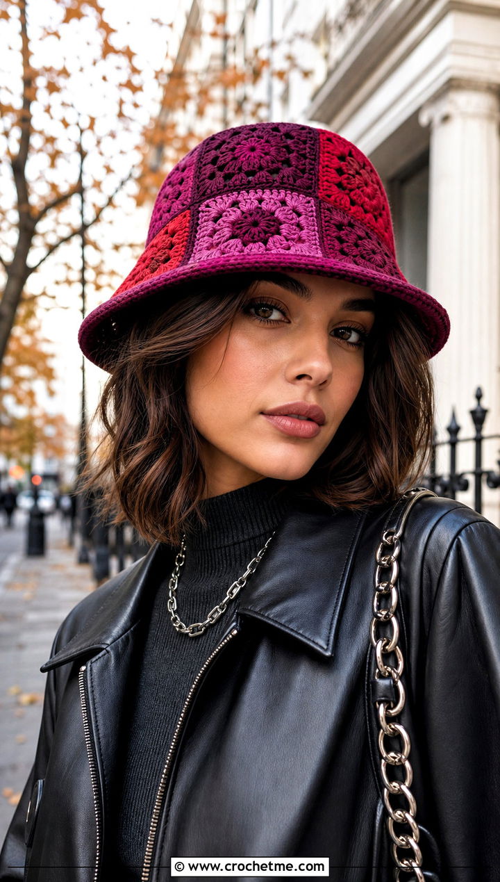 Color Block Granny Square Bucket Hat With Leather Jacket - 15 Crochet Granny Square Bucket Hat outfit ideas