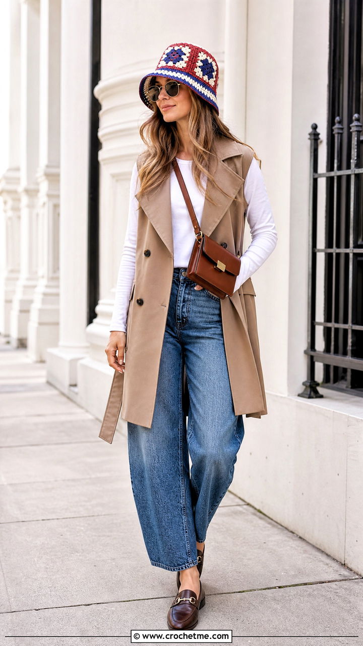 Color Block Granny Square Bucket Hat With Trench Vest And Jeans - 35 granny square hat outfit ideas