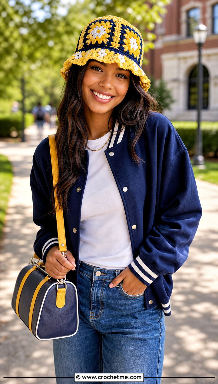 Color Block Granny Square Bucket Hat With Varsity Jacket And Jeans - 25 granny crochet bucket hat outfit ideas