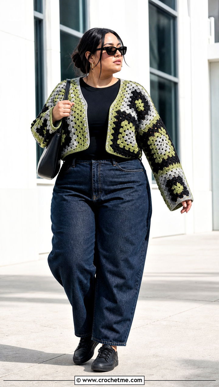 Color Block Granny Square Cardigan With Barrel Jeans - 30 plus size crochet granny square cardigan outfit ideas