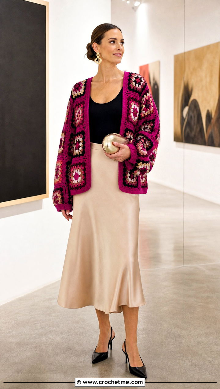Color Block Granny Square Cardigan With Satin Midi Skirt - 15 Everyday Granny Square Cardigan outfit ideas