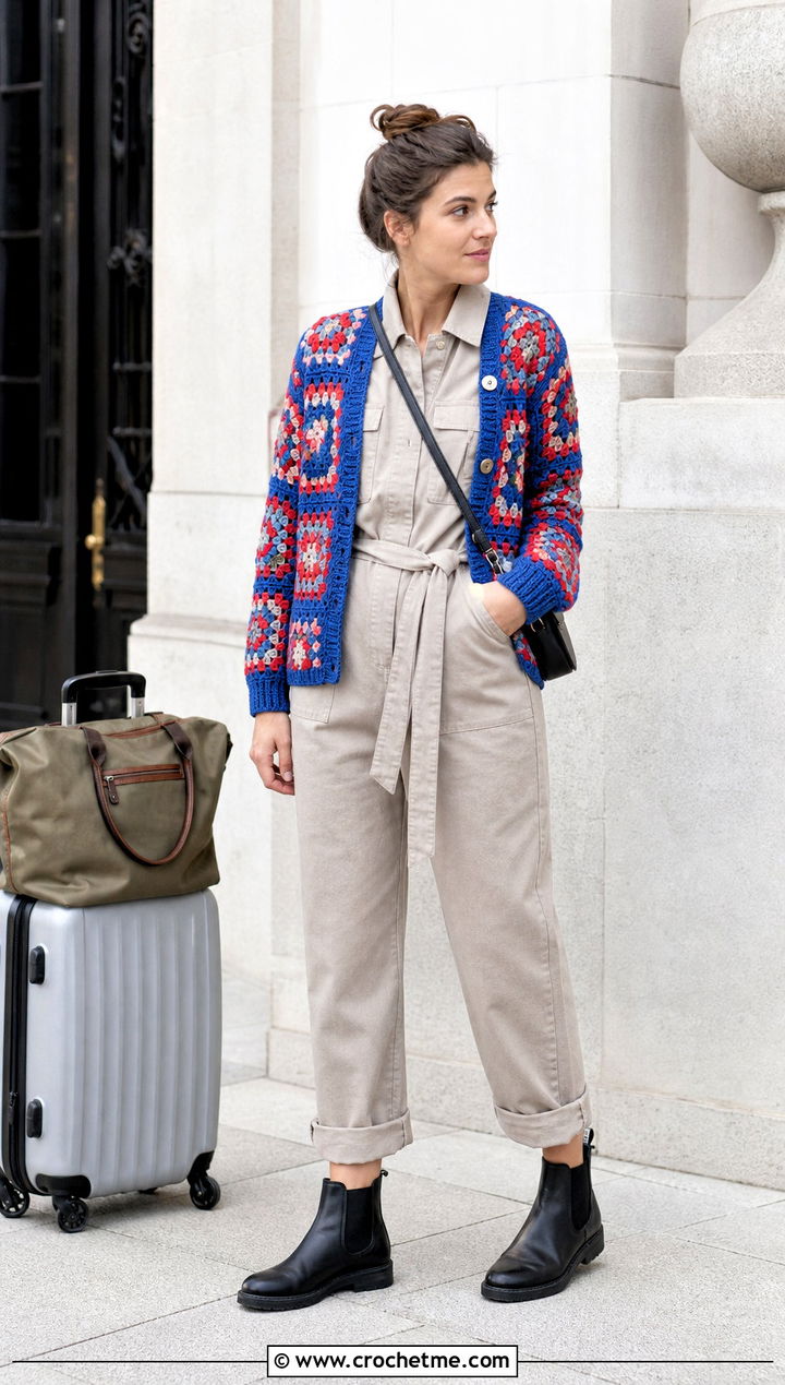 Color Block Granny Square Cardigan With Utility Jumpsuit - 20 Crochet Fall Granny Square Cardigan outfit ideas