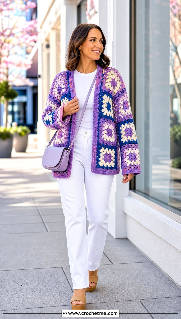 Color Block Granny Square Cardigan With White Jeans - 25 Two Granny Square Cardigan outfit ideas