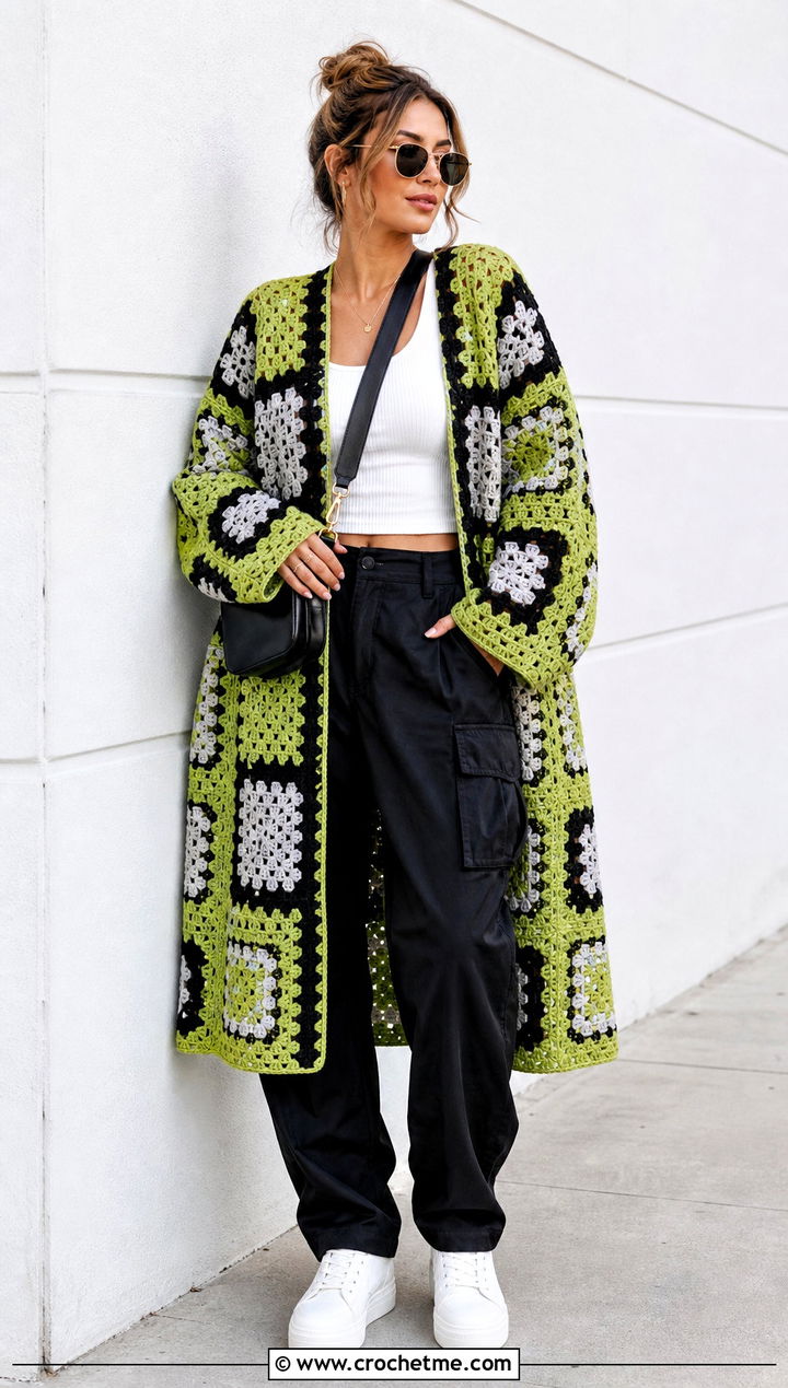 Color Block Granny Square Coat With Cargo Pants - 30 crochet granny square coat outfit ideas