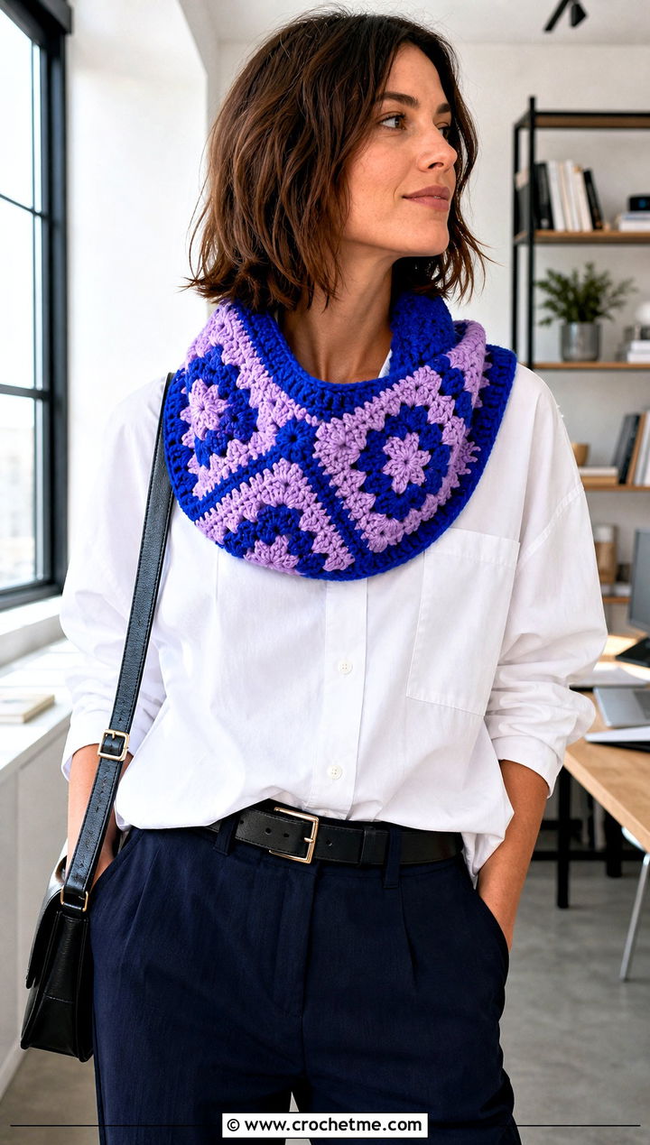 Color Block Granny Square Cowl With White Shirt - 25 Granny Square Cowl outfit ideas
