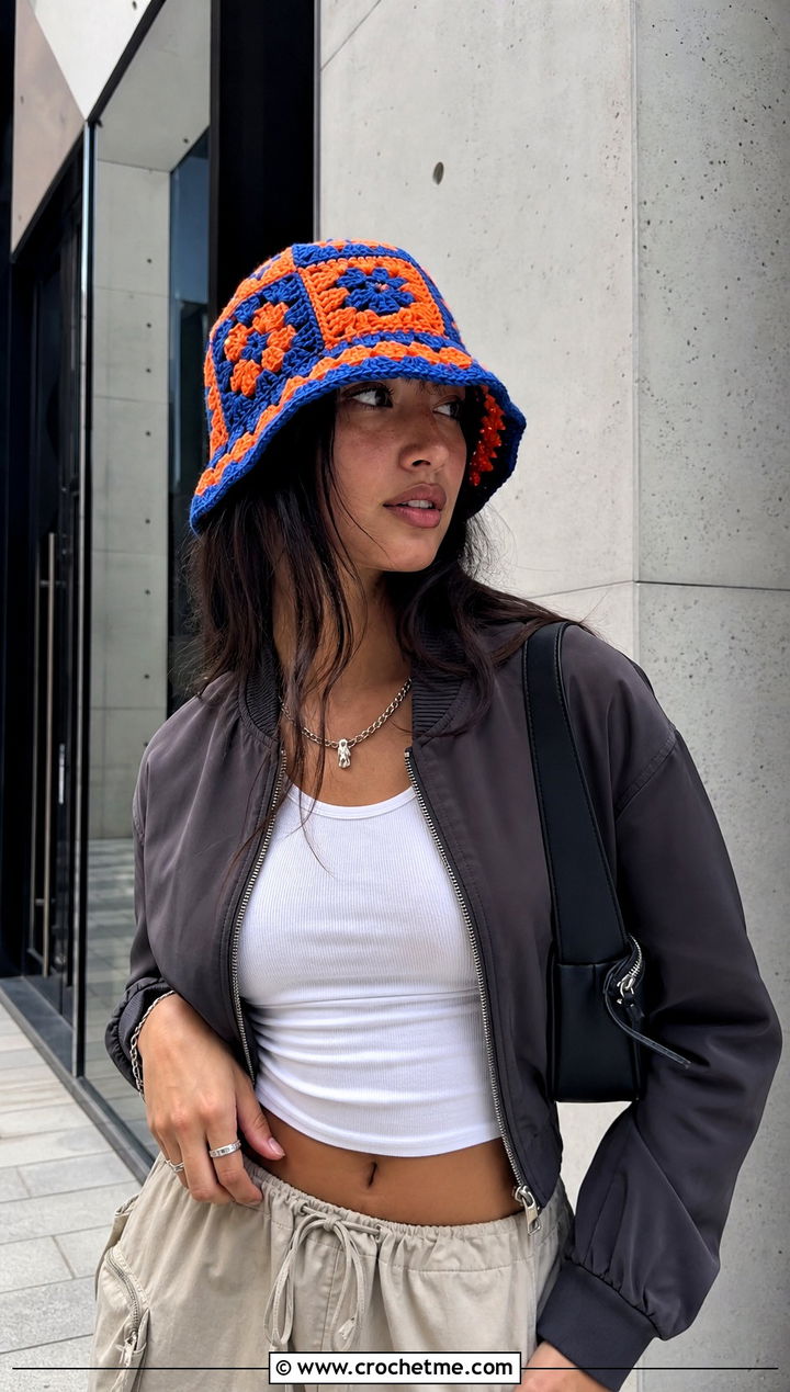 Color Block Granny Square Crochet Bucket Hat With Bomber Jacket - 35 granny square crochet bucket hat outfit ideas
