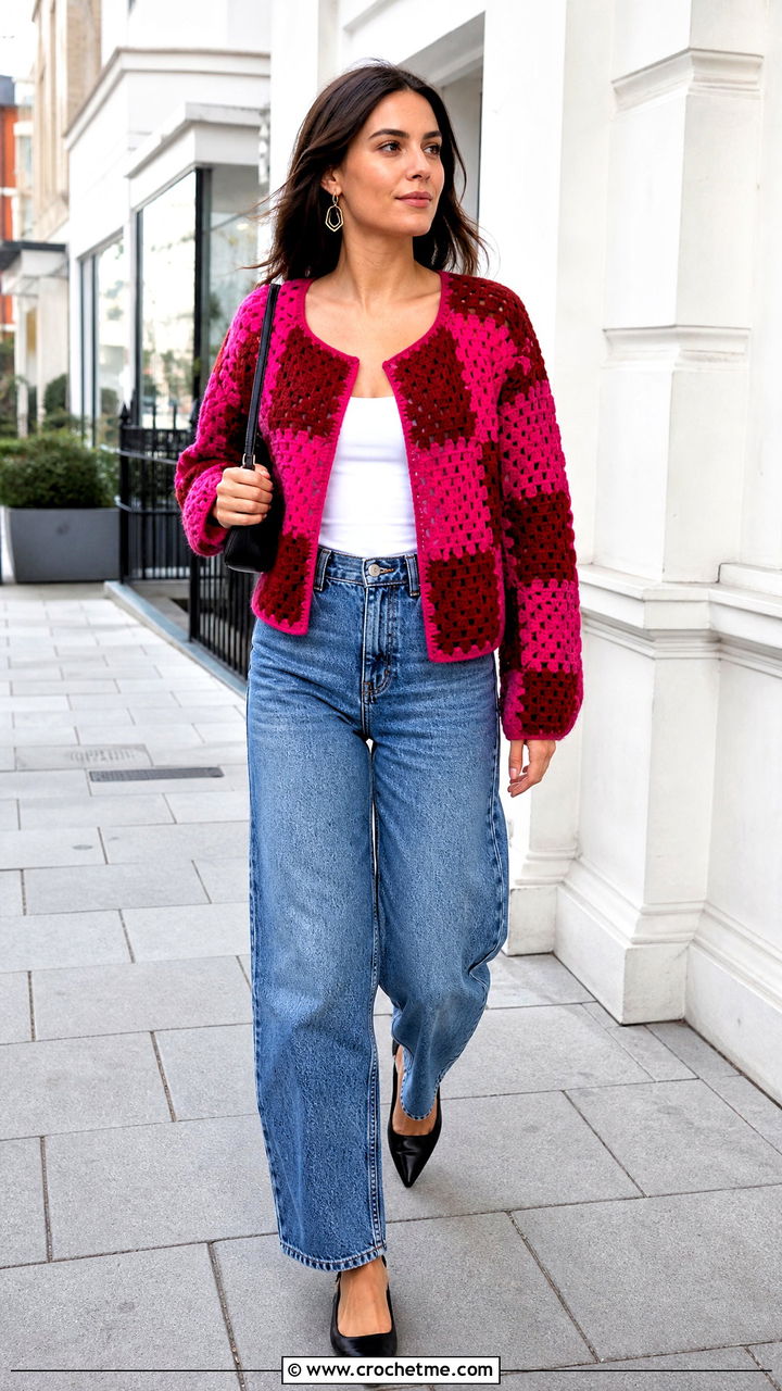 Color Block Granny Square Crochet Cardigan With Barrel Jeans - 35 granny square crochet cardigan outfit ideas