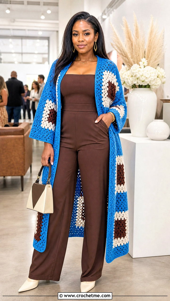 Color Block Granny Square Crochet Duster With Jumpsuit - 15 Granny Square Crochet Duster outfit ideas