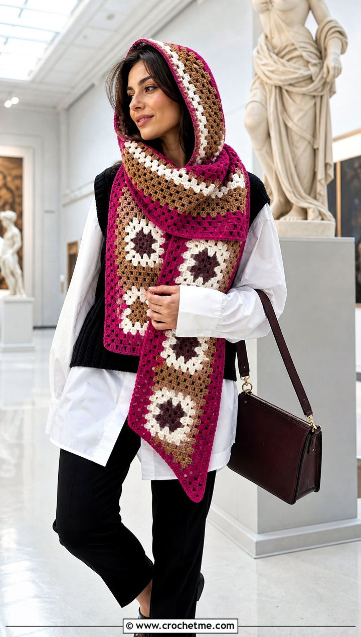 Color Block Granny Square Crochet Hooded Scarf With White Shirt - 30 Granny Square Crochet Hooded Scarf outfit ideas