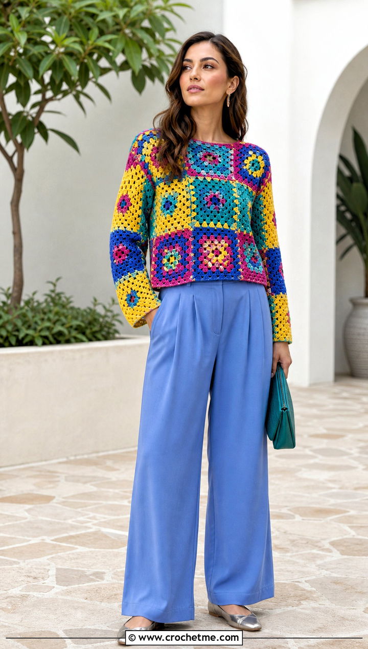 Color Block Granny Square Crochet Long Sleeve Top With Wide Leg Pants - 25 Granny Square Crochet Long Sleeve Top outfit ideas