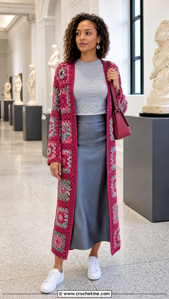 Color Block Granny Square Duster With Midi Skirt - 25 Crochet Granny Square Duster outfit ideas