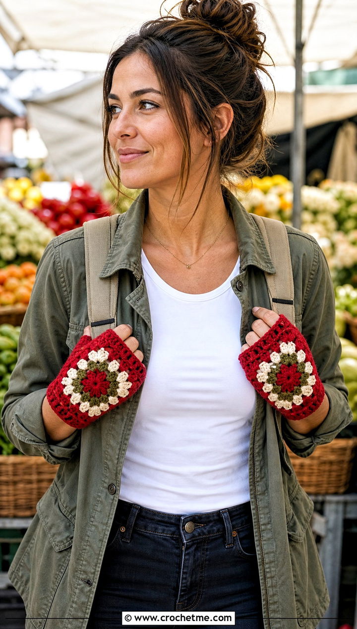 Color Block Granny Square Fingerless Gloves With Utility Jacket - 30 crochet granny square fingerless gloves outfit ideas