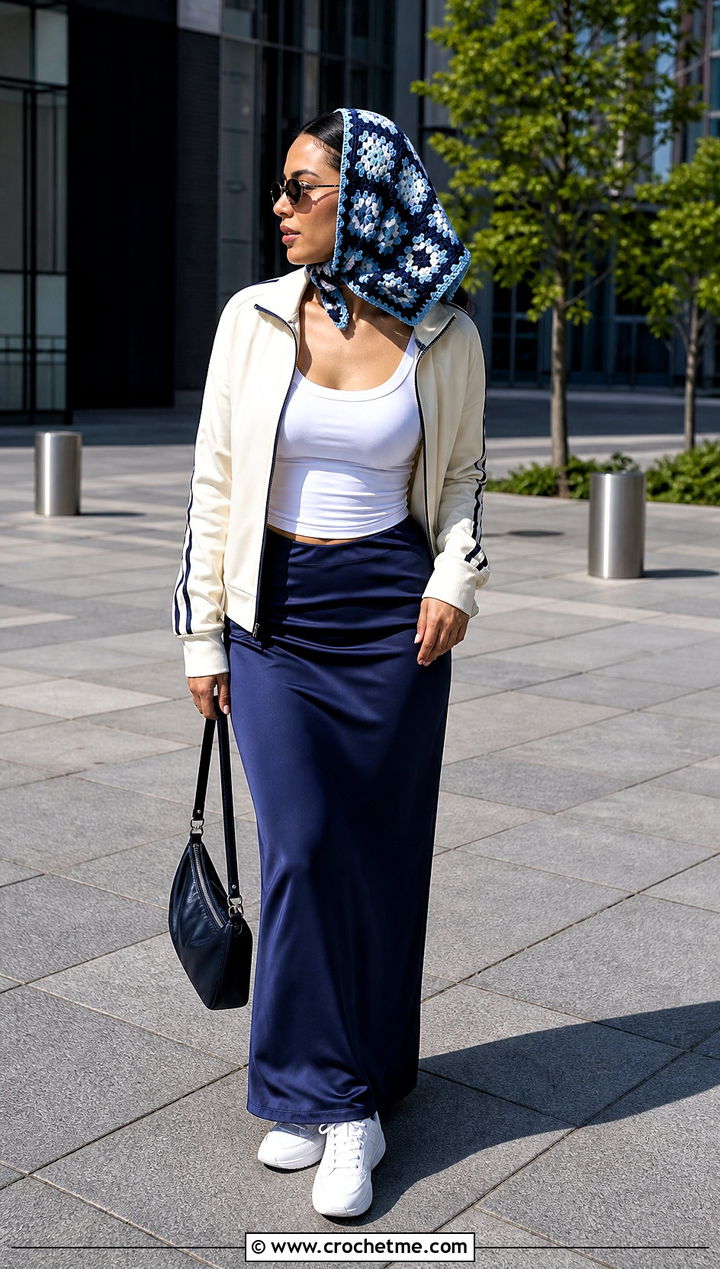 Color Block Granny Square Head Scarf With Track Jacket And Maxi Skirt - 35 granny square head scarf outfit ideas