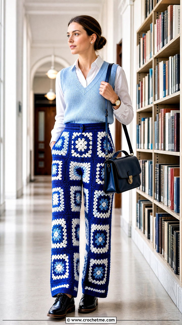 Color Block Granny Square High Waist Pants With Sweater Vest And Oxfords - 35 crochet granny square pants outfit ideas
