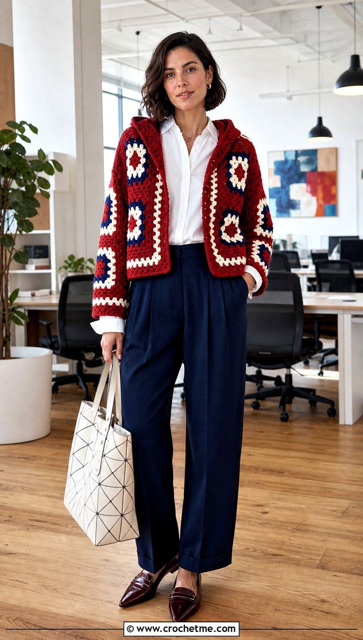 Color Block Granny Square Hooded Cardigan With Pleated Trousers - 25 Granny Square Hooded Cardigan outfit ideas