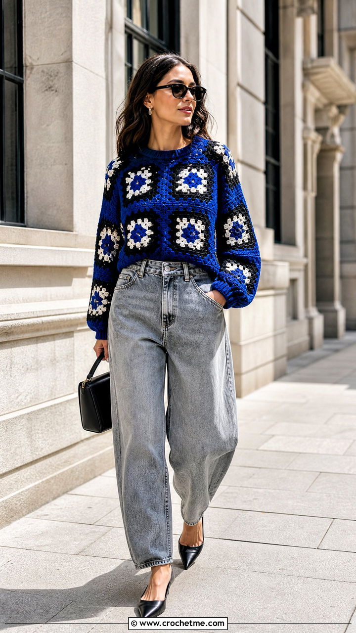 Color Block Granny Square Jumper With Barrel Jeans - 35 crochet granny square jumper outfit ideas