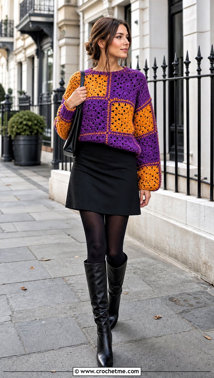 Color Block Granny Square Jumper With Mini Skirt And Tall Boots - 35 granny square jumper outfit ideas