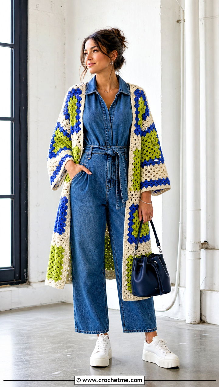 Color Block Granny Square Kimono With Denim Jumpsuit - 30 granny square kimono outfit ideas