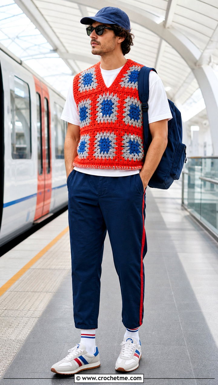 Color Block Granny Square Mens Vest With Track Pants - 25 crochet granny square mens vest outfit ideas