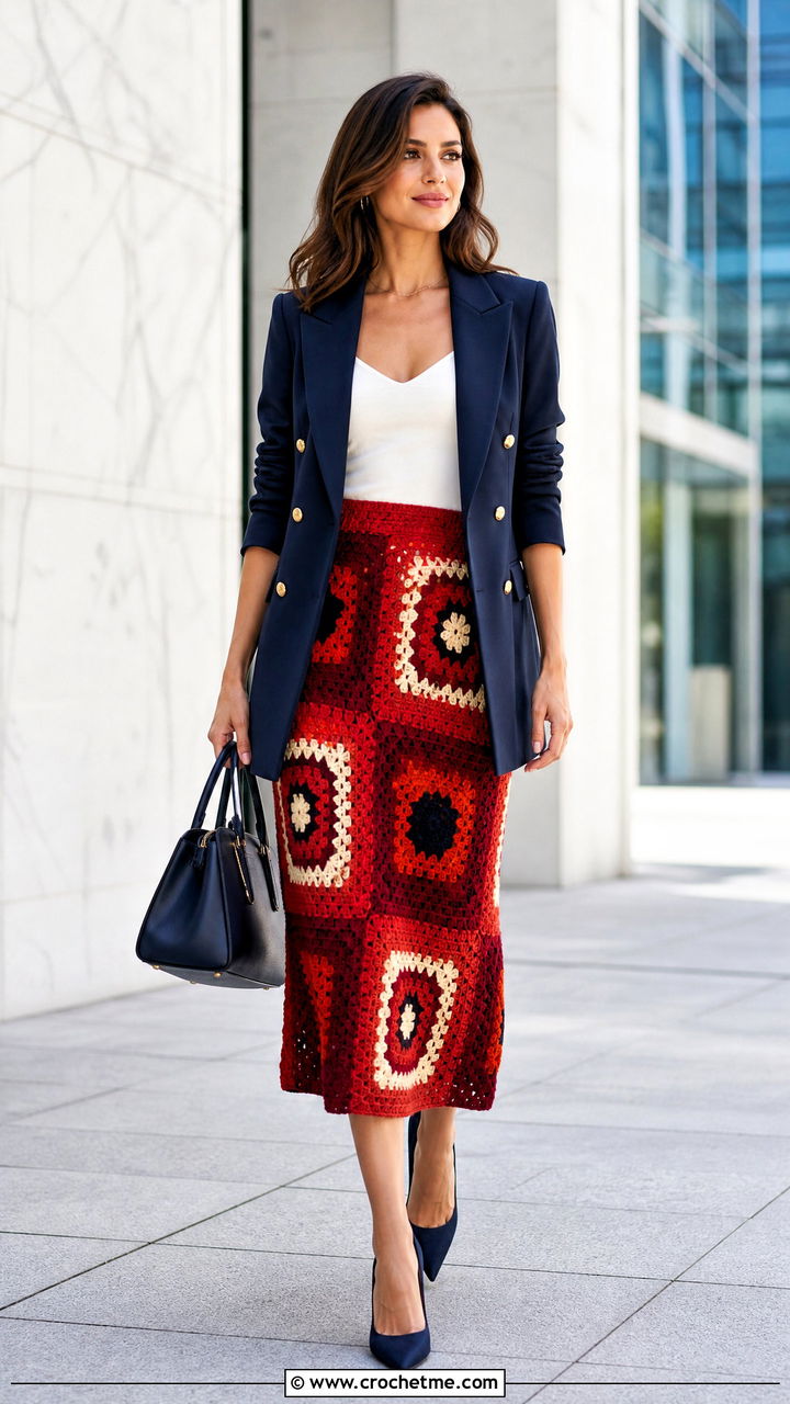 Color Block Granny Square Midi Skirt With Double Breasted Blazer - 35 crochet granny skirt outfit ideas