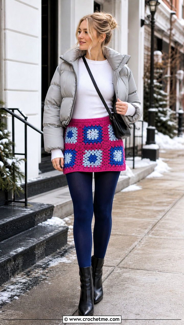 Color Block Granny Square Mini Skirt With Puffer Jacket - 25 Crochet Granny Square Mini Skirt outfit ideas