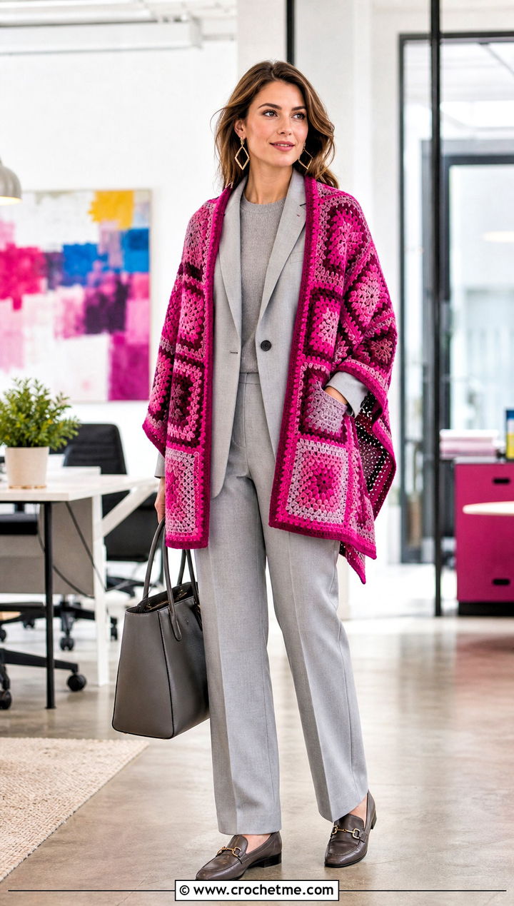 Color Block Granny Square Pocket Shawl With Office Suit - 20 Granny Square Pocket Shawl outfit ideas