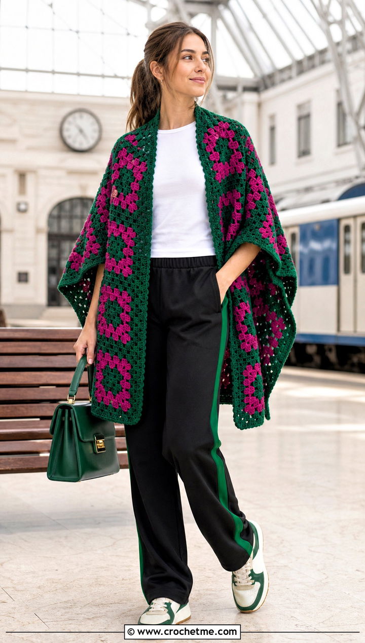 Color Block Granny Square Poncho With Track Pants - 35 granny square poncho outfit ideas