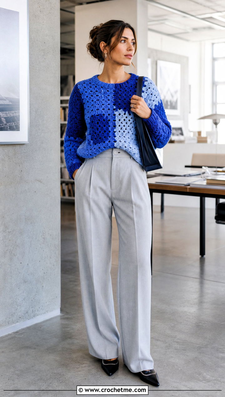 Color Block Granny Square Pullover Sweater With Suit Pants - 25 crochet granny square pullover sweater outfit ideas