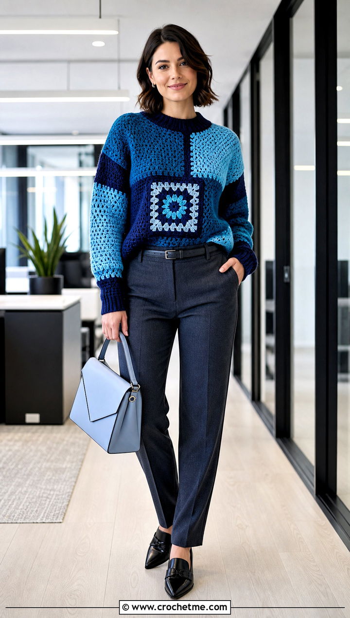 Color Block Granny Square Pullover Sweater With Suit Trousers - 35 Granny Square Pullover Sweater outfit ideas