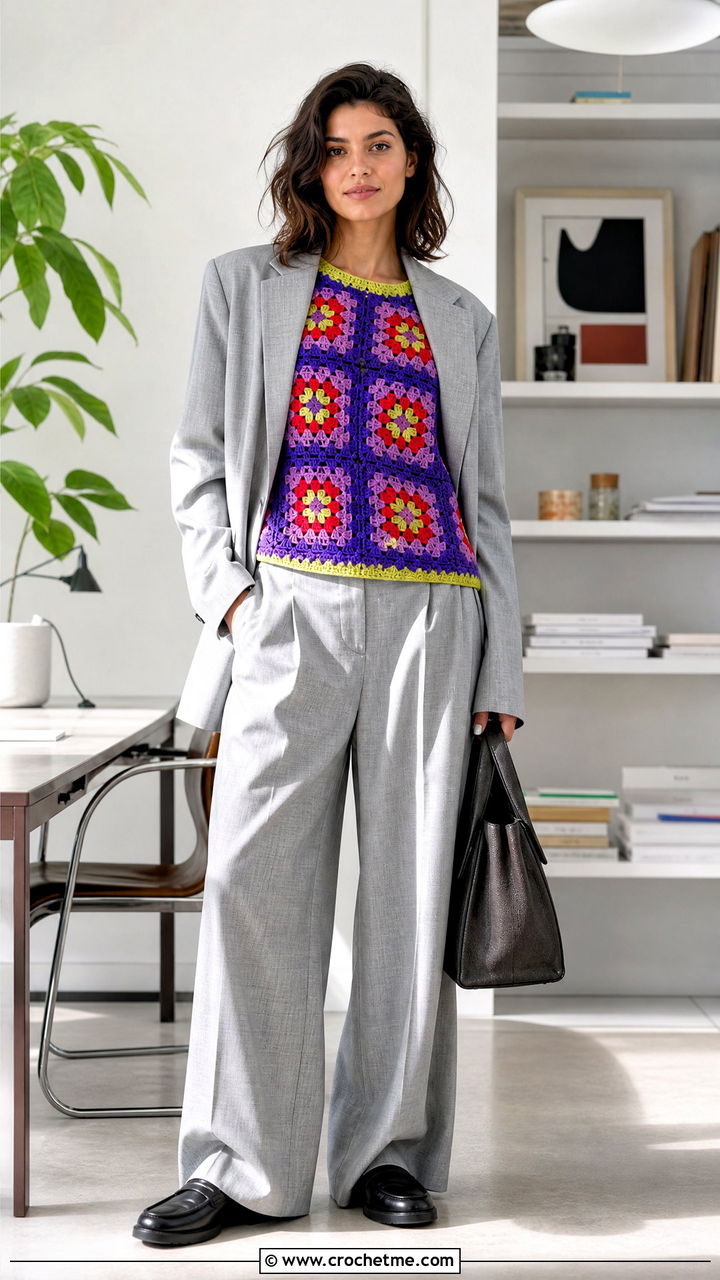 Color Block Granny Square Pullover With Gray Suit - 35 granny square pullover outfit ideas