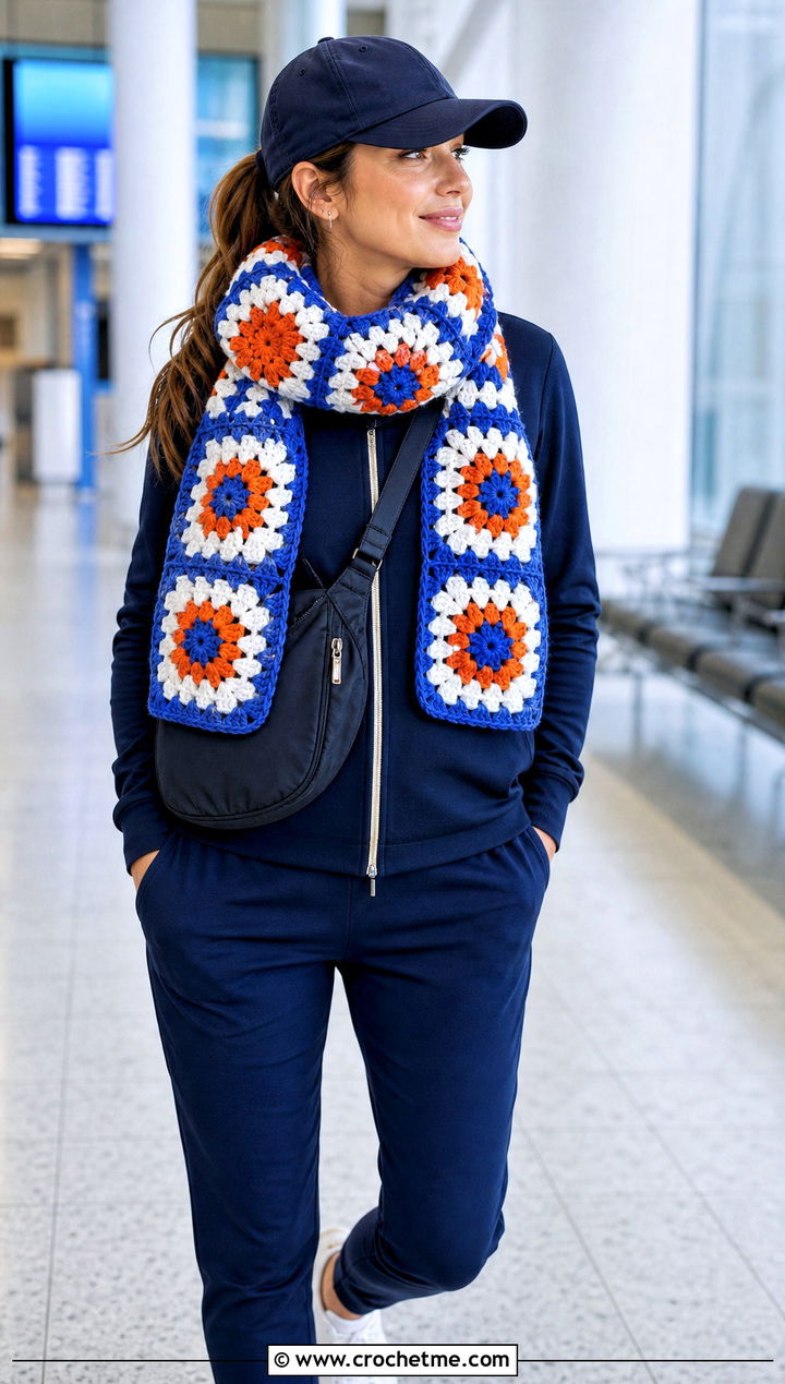 Color Block Granny Square Scarf With Matching Tracksuit - 30 crochet granny square scarf outfit ideas