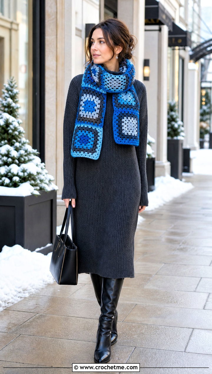 Color Block Granny Square Scarf With Sweater Dress And Tall Boots - 35 granny square crochet scarf outfit ideas