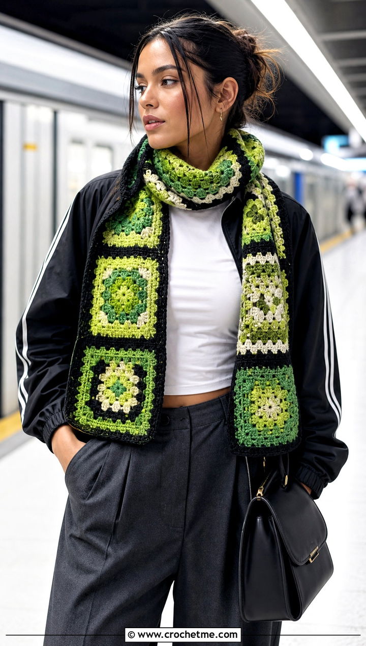 Color Block Granny Square Scarf With Track Jacket And Tailored Pants - 30 crochet scarf squares outfit ideas