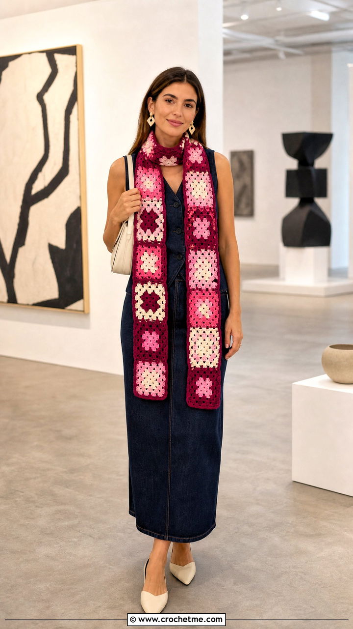Color Block Granny Square Scarf With Vest And Column Skirt - 35 granny square scarf outfit ideas