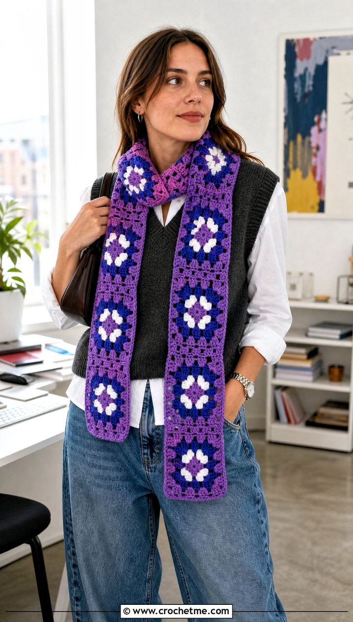Color Block Granny Square Scarf With Vest and Barrel Jeans - 25 granny square scarves outfit ideas