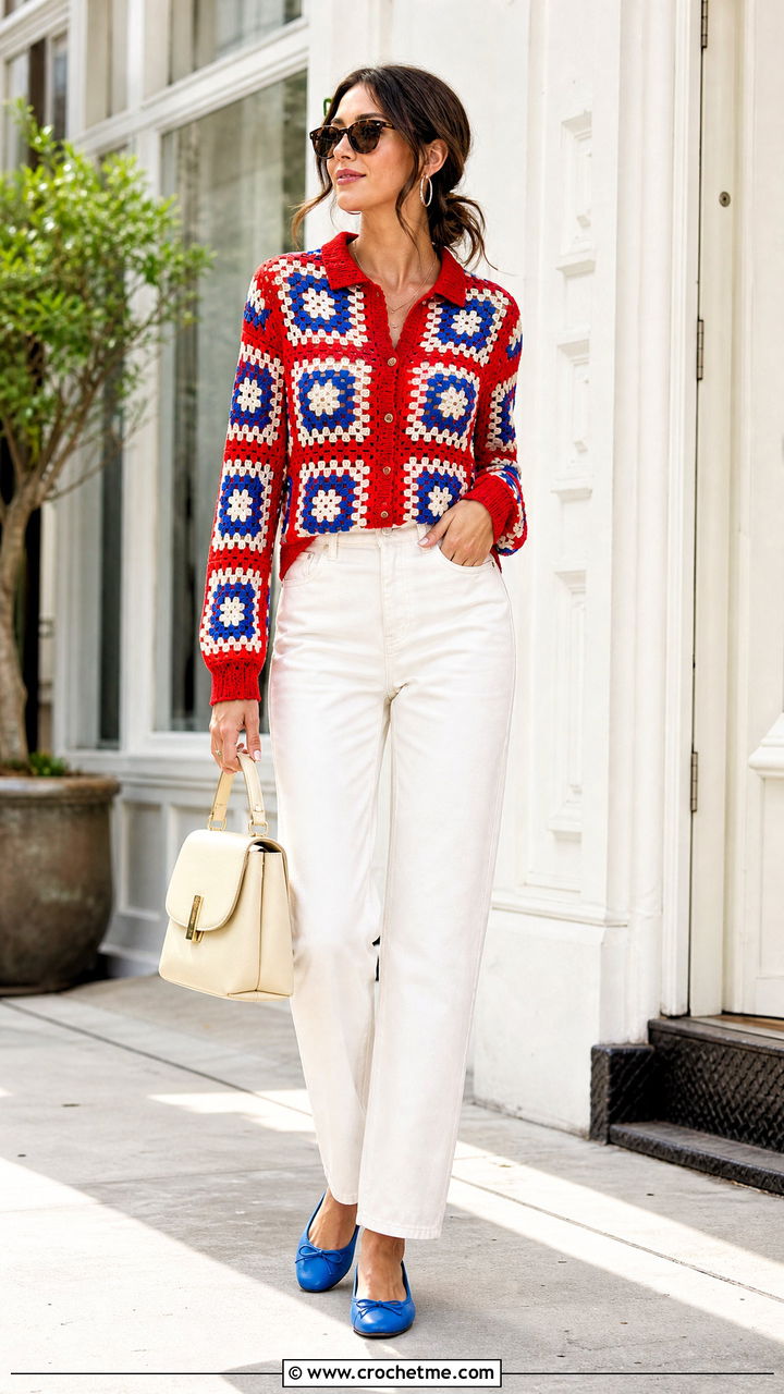 Color Block Granny Square Shirt With White Jeans - 35 granny square shirt outfit ideas