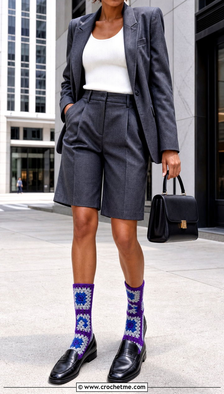 Color Block Granny Square Socks With A Blazer And Bermuda Shorts - 35 crochet granny square socks outfit ideas