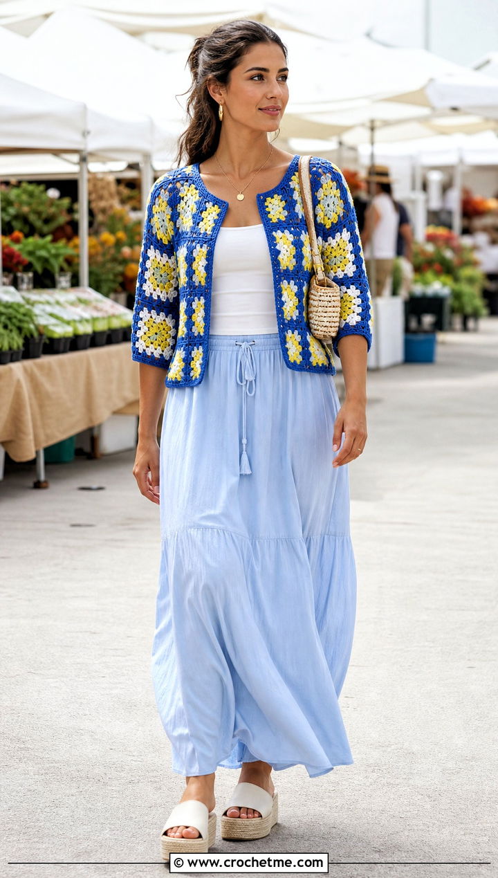 Color Block Granny Square Summer Cardigan With Maxi Skirt - 30 granny square summer cardigan outfit ideas