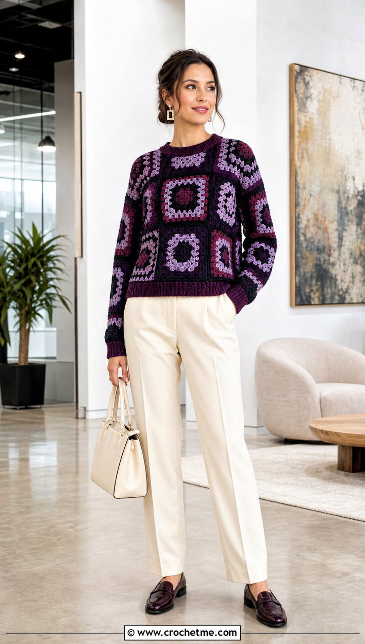 Color Block Granny Square Sweater With Straight Trousers - 35 Crochet Square Sweater outfit ideas