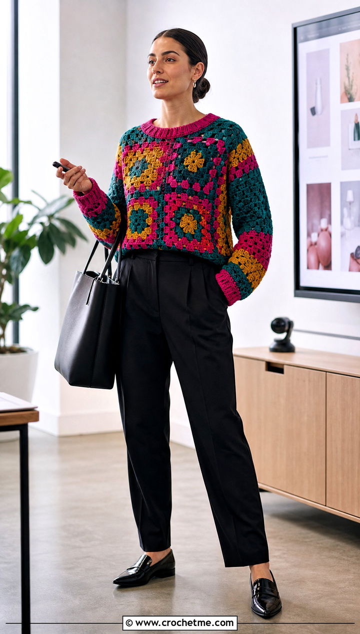 Color Block Granny Square Sweater With Suit Pants - 30 crochet sweater with granny squares outfit ideas