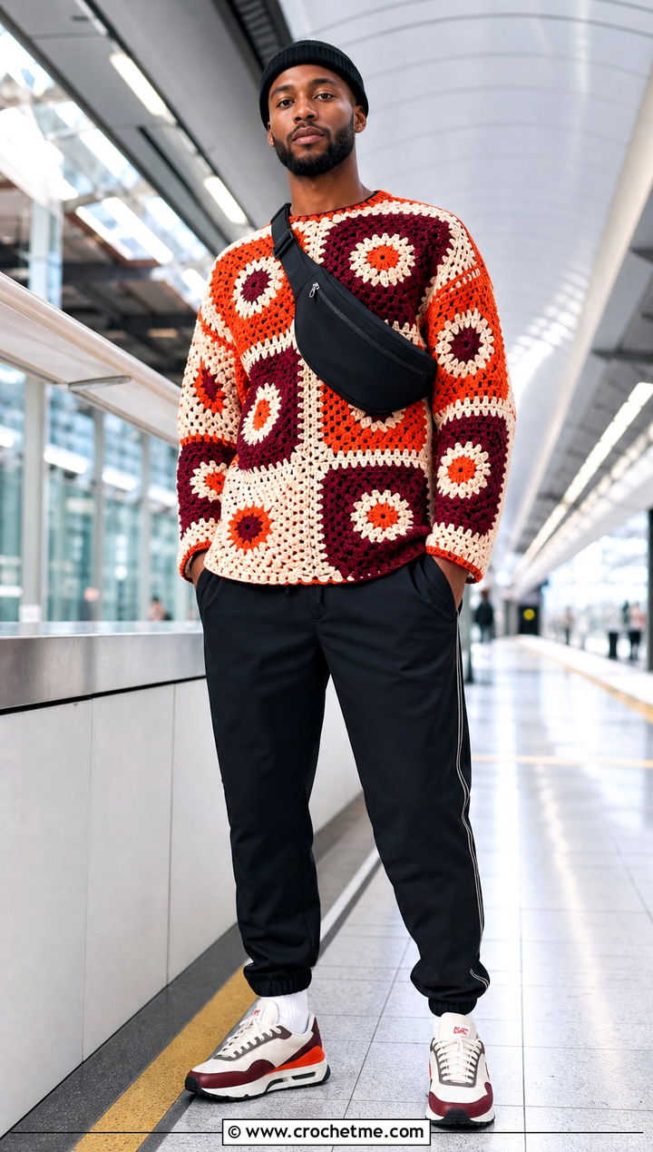 Color Block Granny Square Sweater With Track Pants - 25 Crochet Granny Square Sweater For Men outfit ideas
