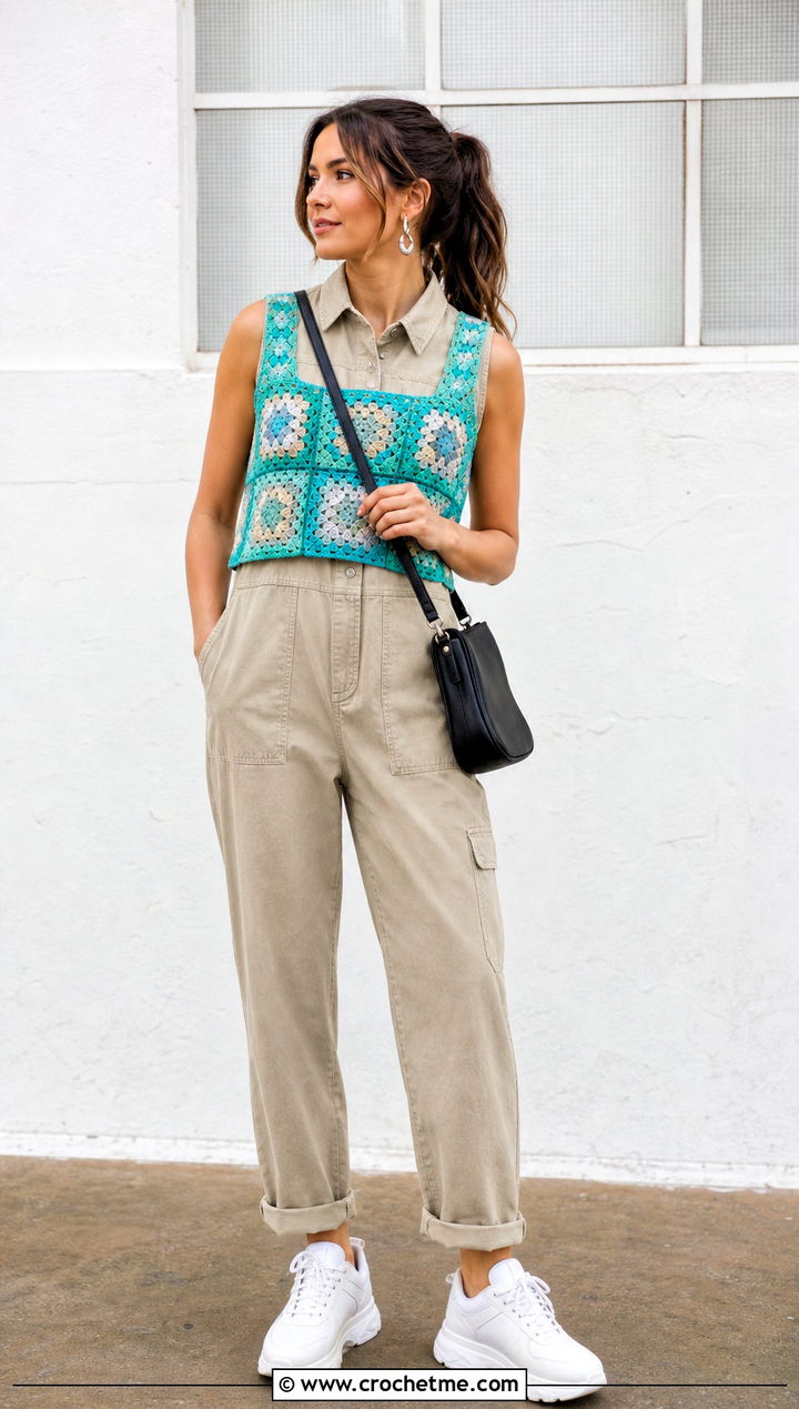 Color Block Granny Square Tank Top With Utility Jumpsuit - 25 Crochet Granny Square Tank Top outfit ideas