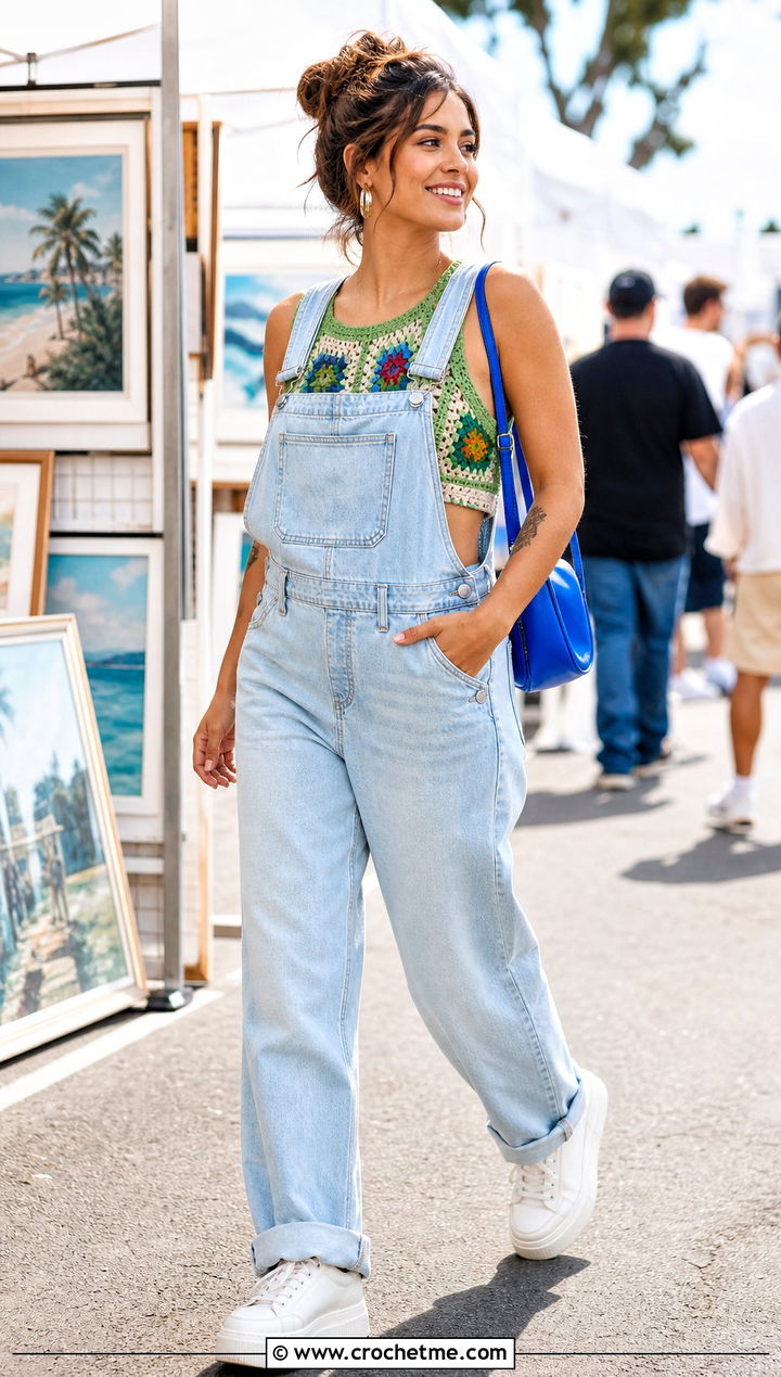 Color Block Granny Square Tank With Denim Overalls - 35 granny square tank outfit ideas