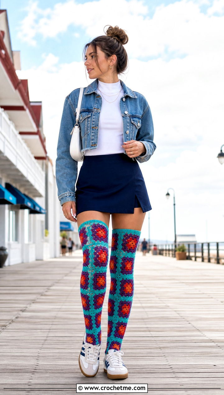 Color Block Granny Square Thigh High Socks With Skort - 25 granny square thigh high socks outfit ideas