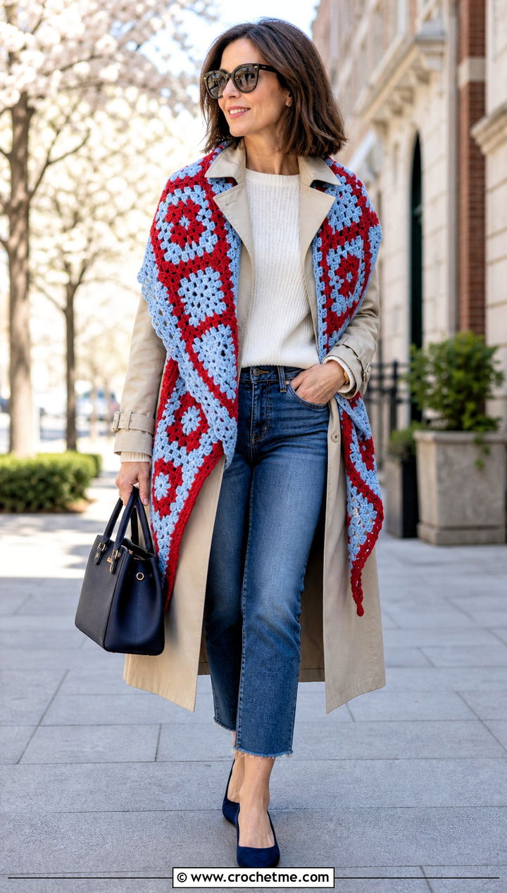 Color Block Granny Square Triangle Shawl With Trench Coat - 30 granny square triangle shawl outfit ideas